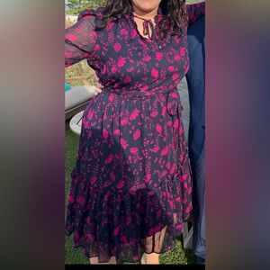 Tommy Hilfiger womens chiffon blue long sleeve dress with fuschia flowers 14